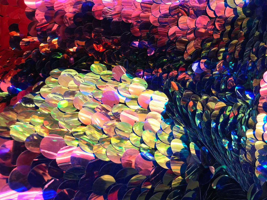 Iridescent - Pink/Blue - Circle Sequins Hologram Fabric - Multi-Color Fabric Sold By The Yard