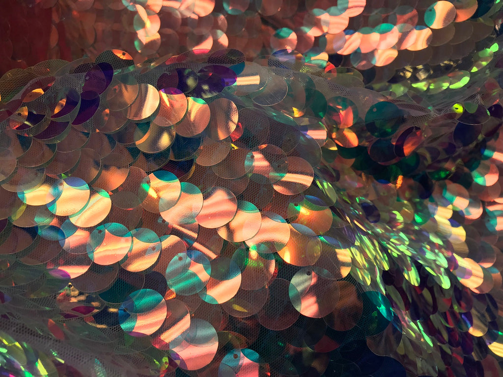 Iridescent - Clear Pink - Circle Sequins Hologram Fabric - Multi-Color Fabric Sold By The Yard