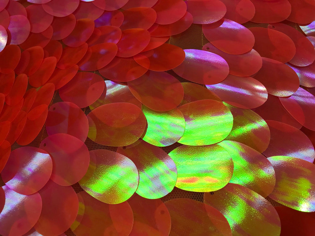 Iridescent Sequins Hologram Fabric - Pink Oval Teardrops - 58 Inch Fabric Sold By The Yard