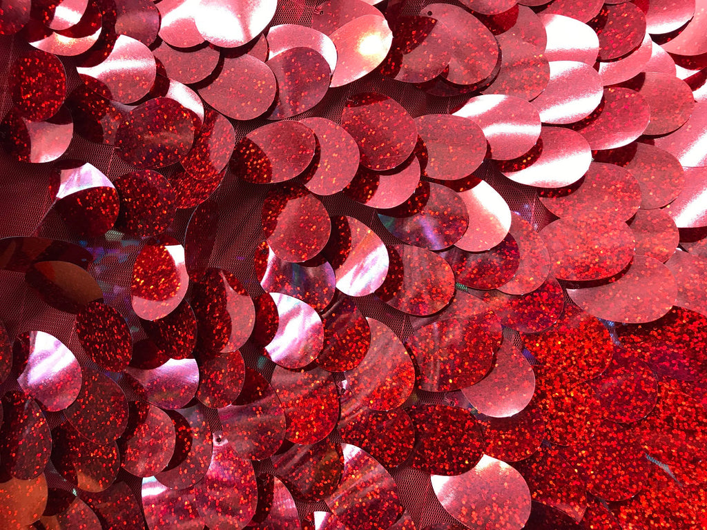 Iridescent Sequins Hologram Fabric - Red Oval Teardrops - 58 Inch Fabric Sold By The Yard