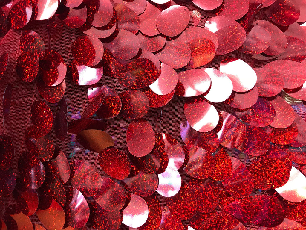 Iridescent Sequins Hologram Fabric - Red Oval Teardrops - 58 Inch Fabric Sold By The Yard