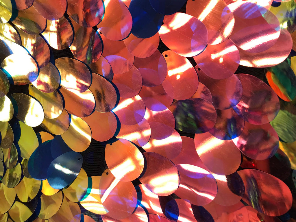Iridescent Sequins Hologram Fabric - Multi-Color Oval Teardrops - 58 Inch Fabric Sold By The Yard