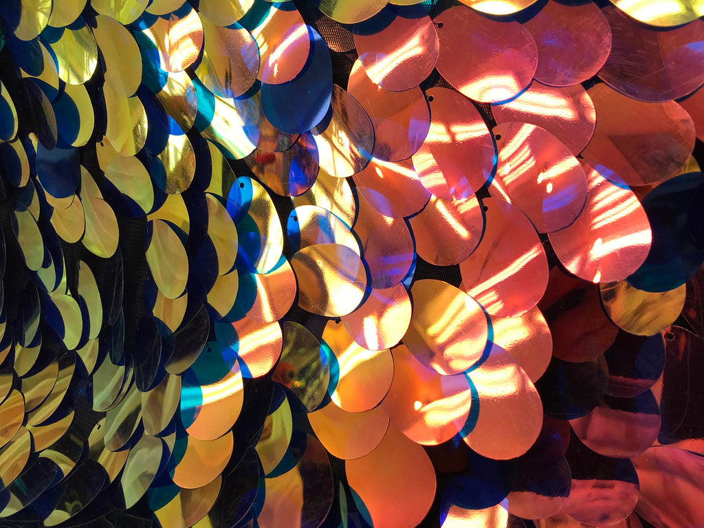 Iridescent Sequins Hologram Fabric - Multi-Color Oval Teardrops - 58 Inch Fabric Sold By The Yard