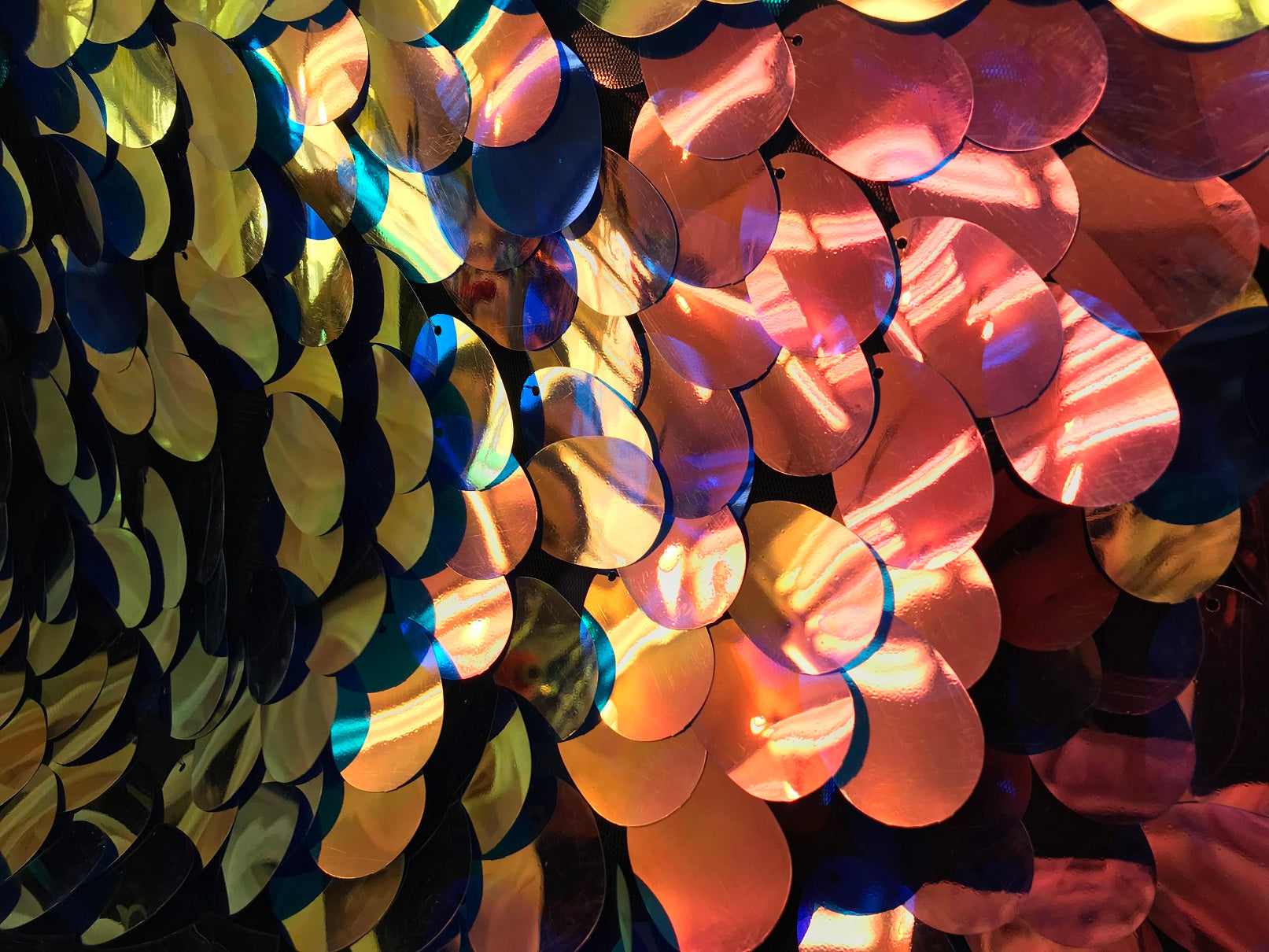 Iridescent Sequins Hologram Fabric - Multi-Color Oval Teardrops - 58 Inch Fabric Sold By The Yard