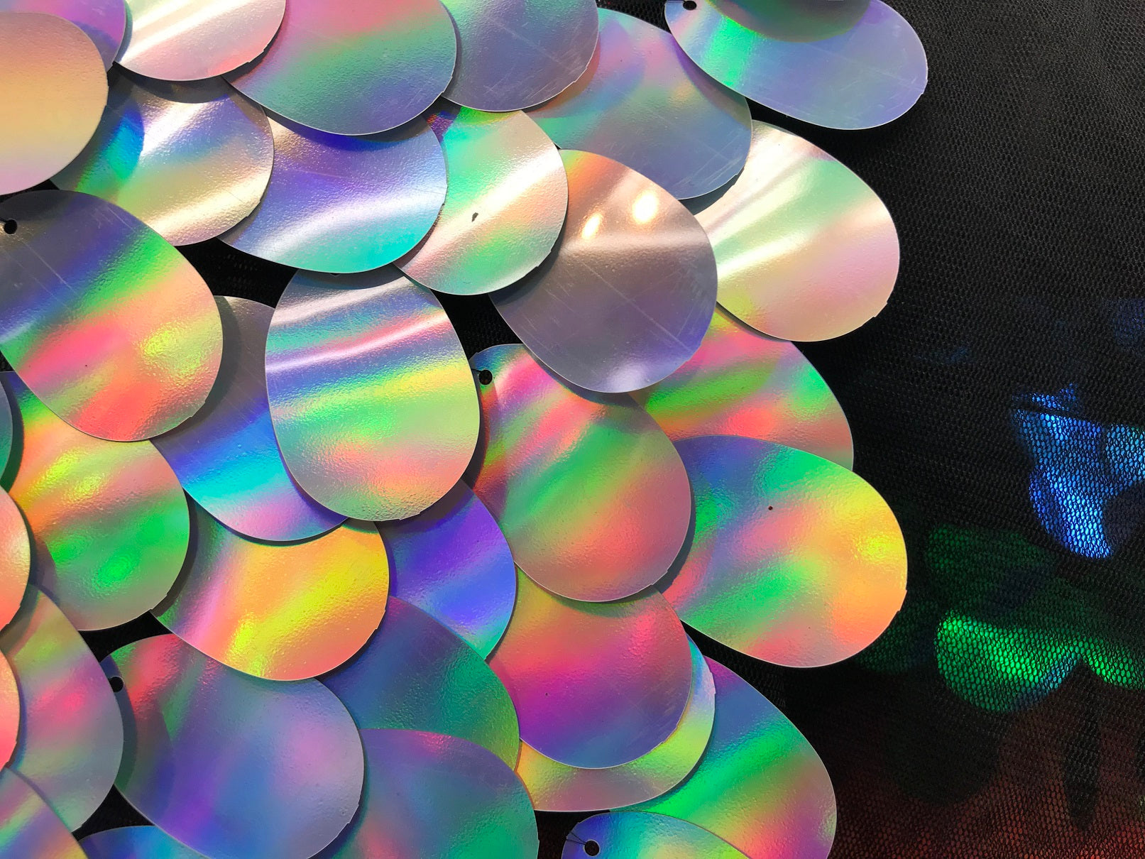 Iridescent Sequins Hologram Fabric - Silver Oval Teardrops - 58 Inch Fabric Sold By The Yard