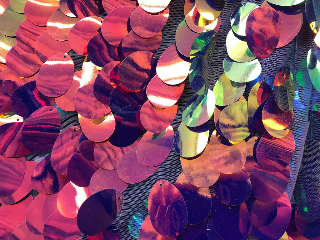 Iridescent Sequins Hologram Fabric - Magenta Oval Teardrops - 58 Inch Fabric Sold By The Yard