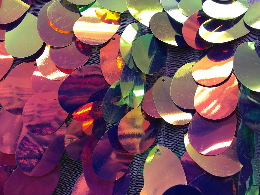 Iridescent Sequins Hologram Fabric - Magenta Oval Teardrops - 58 Inch Fabric Sold By The Yard