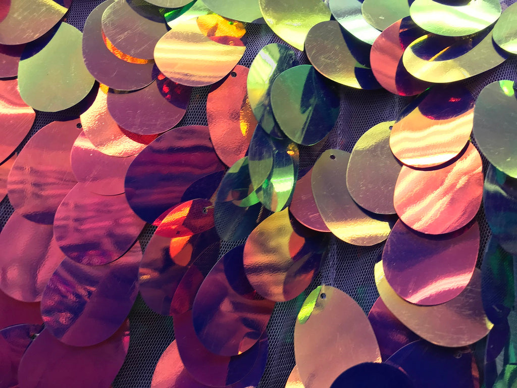 Iridescent Sequins Hologram Fabric - Magenta Oval Teardrops - 58 Inch Fabric Sold By The Yard