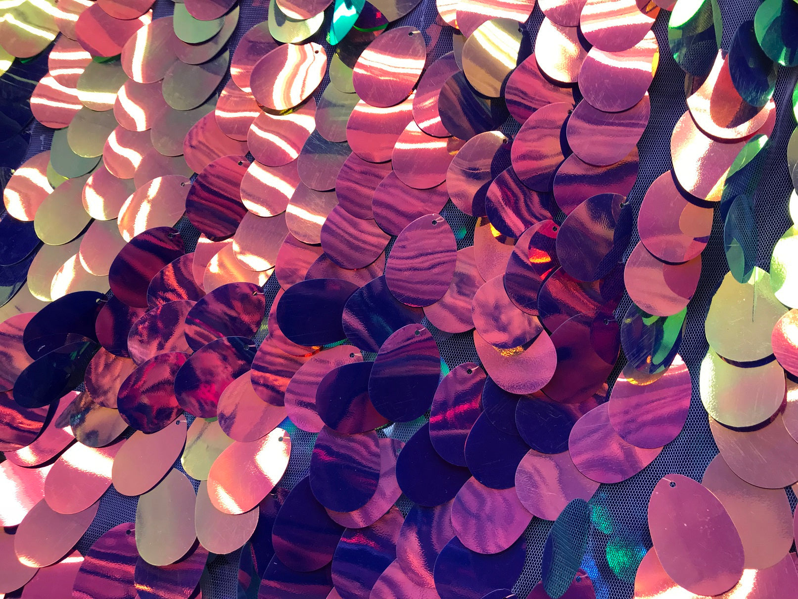 Iridescent Sequins Hologram Fabric - Magenta Oval Teardrops - 58 Inch Fabric Sold By The Yard