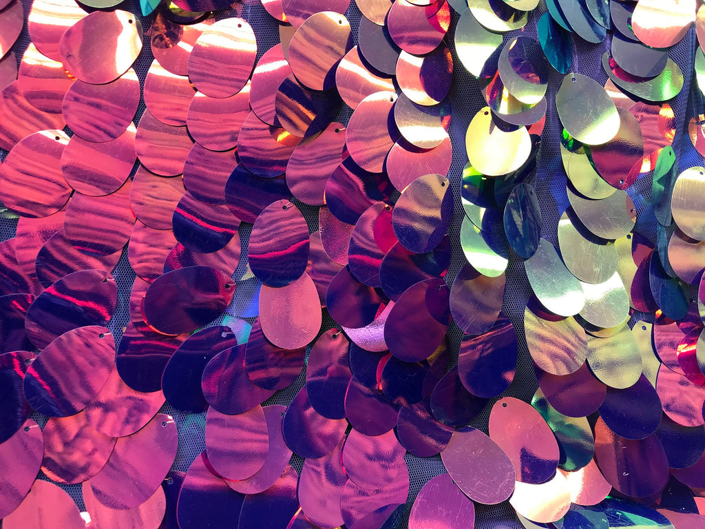 Iridescent Sequins Hologram Fabric - Magenta Oval Teardrops - 58 Inch Fabric Sold By The Yard