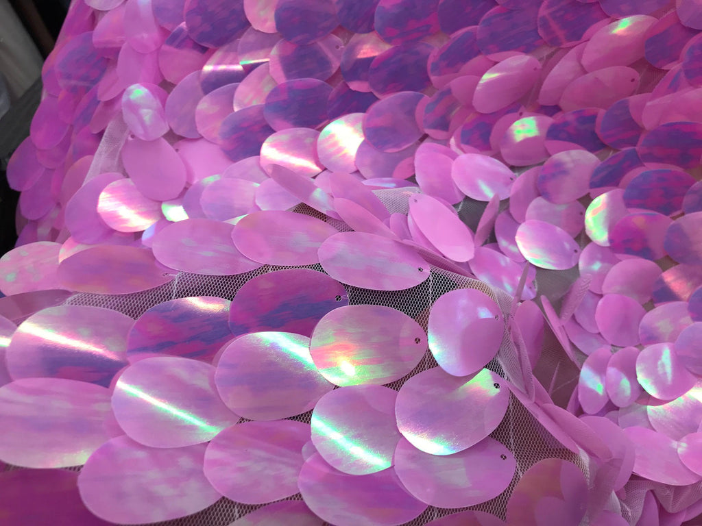 Iridescent Sequins Hologram Fabric - Lavender Oval Teardrops - 58 Inch Fabric Sold By The Yard