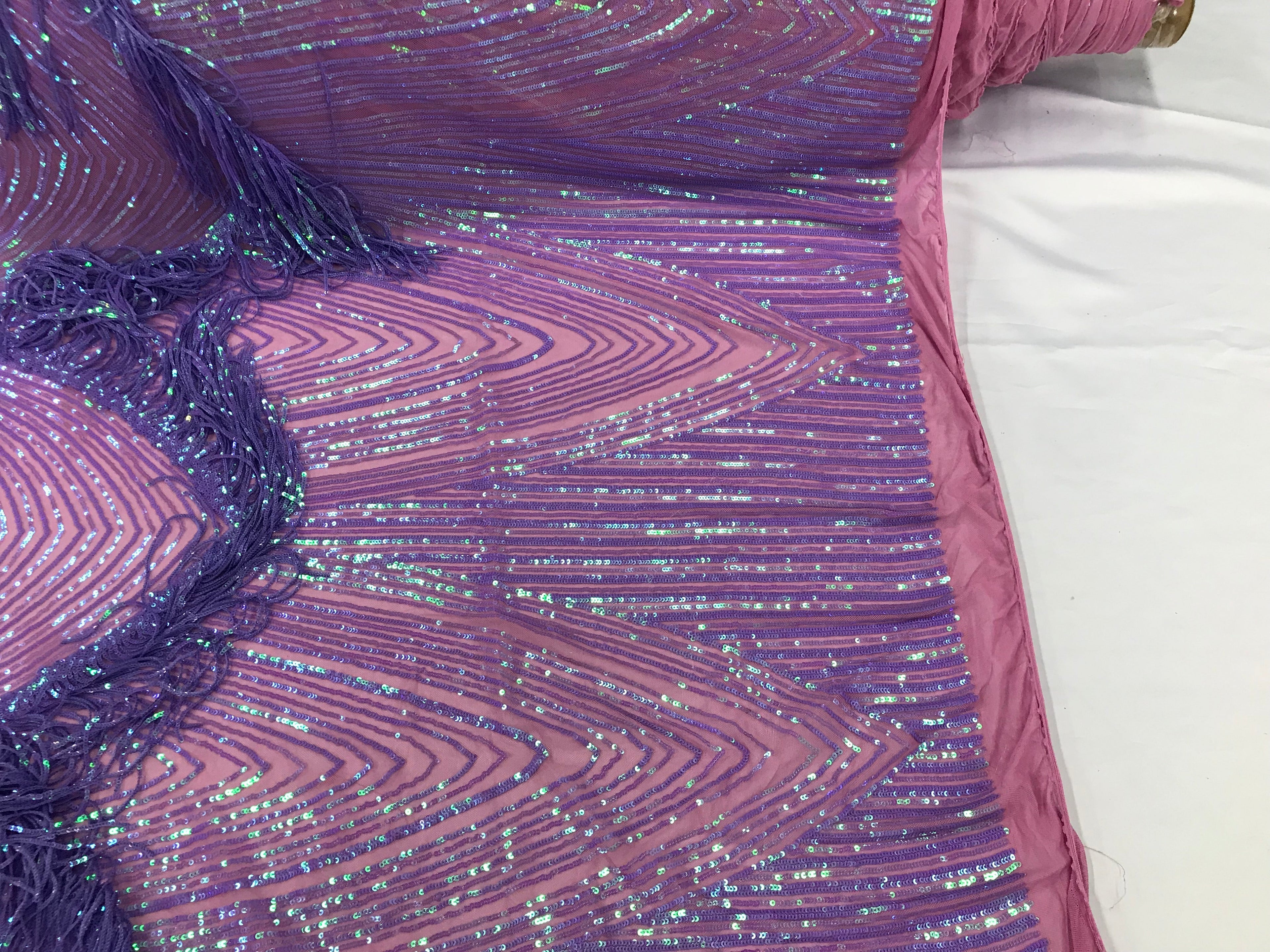 Fringe Sequins - Iridescent Lilac - Dangle 4 Way Stretch Fancy Sequins Fabric Sold By The Yard