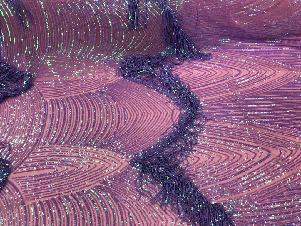 Fringe Sequins - Iridescent Lilac - Dangle 4 Way Stretch Fancy Sequins Fabric Sold By The Yard