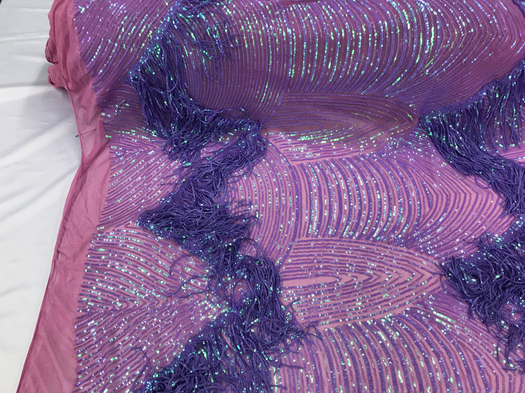 Fringe Sequins - Iridescent Lilac - Dangle 4 Way Stretch Fancy Sequins Fabric Sold By The Yard