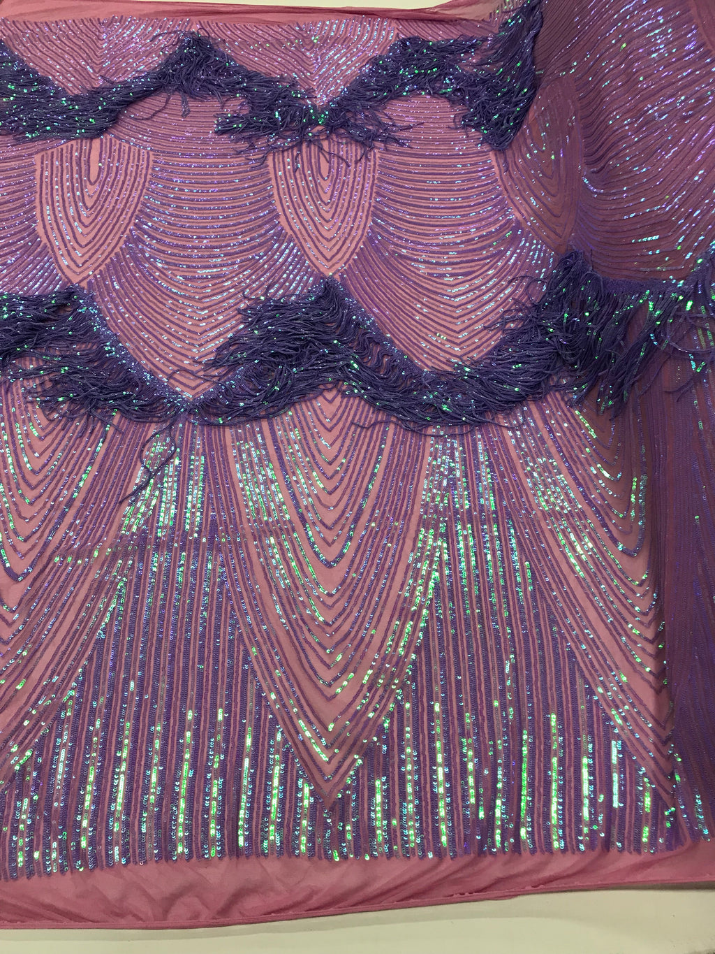 Fringe Sequins - Iridescent Lilac - Dangle 4 Way Stretch Fancy Sequins Fabric Sold By The Yard
