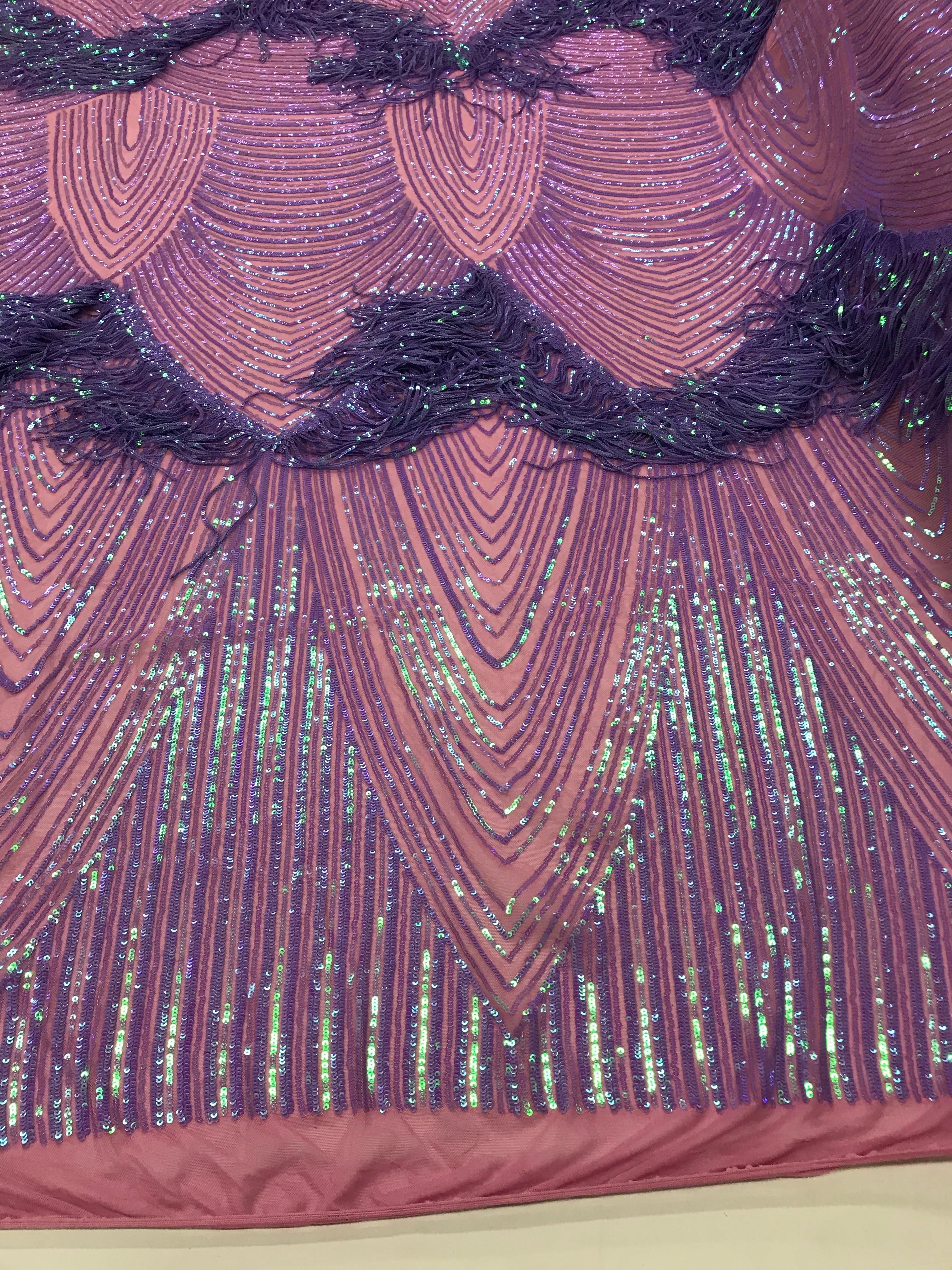 Fringe Sequins - Iridescent Lilac - Dangle 4 Way Stretch Fancy Sequins Fabric Sold By The Yard