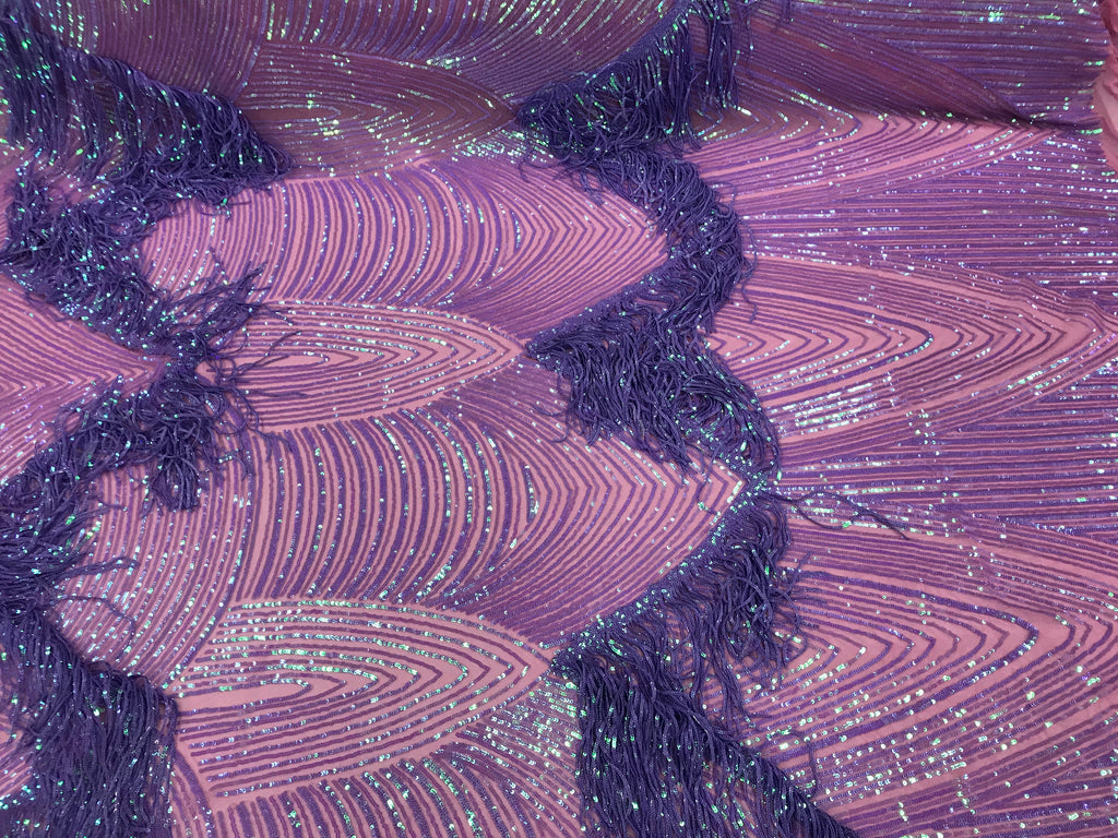Fringe Sequins - Iridescent Lilac - Dangle 4 Way Stretch Fancy Sequins Fabric Sold By The Yard