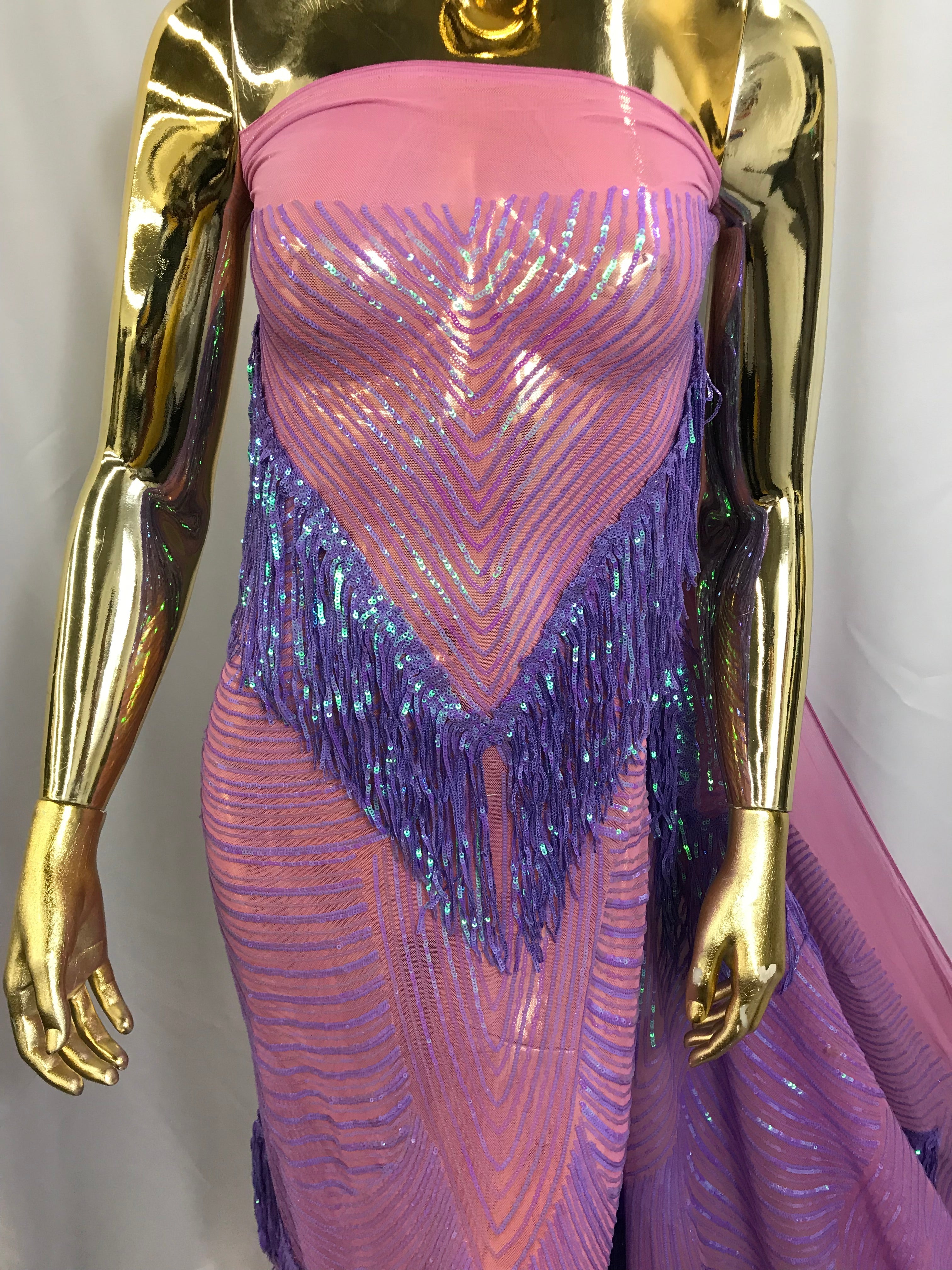 Fringe Sequins - Iridescent Lilac - Dangle 4 Way Stretch Fancy Sequins Fabric Sold By The Yard