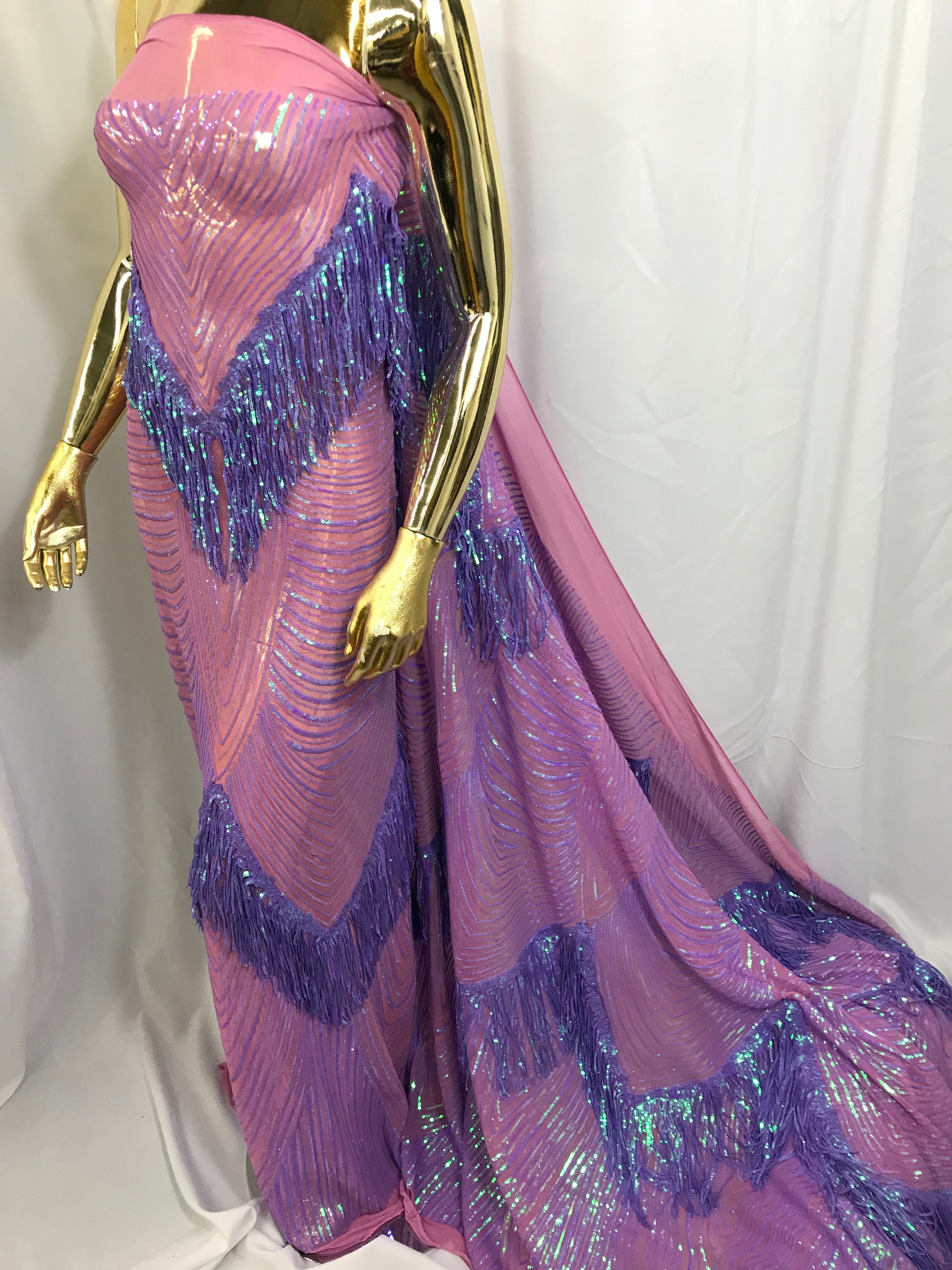 Fringe Sequins - Iridescent Lilac - Dangle 4 Way Stretch Fancy Sequins Fabric Sold By The Yard