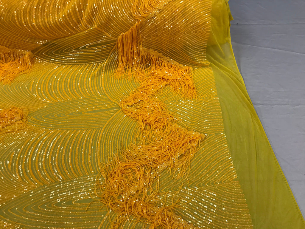 Fringe Sequins - Canary Yellow - Dangle 4 Way Stretch Fancy Sequins Fabric Sold By The Yard