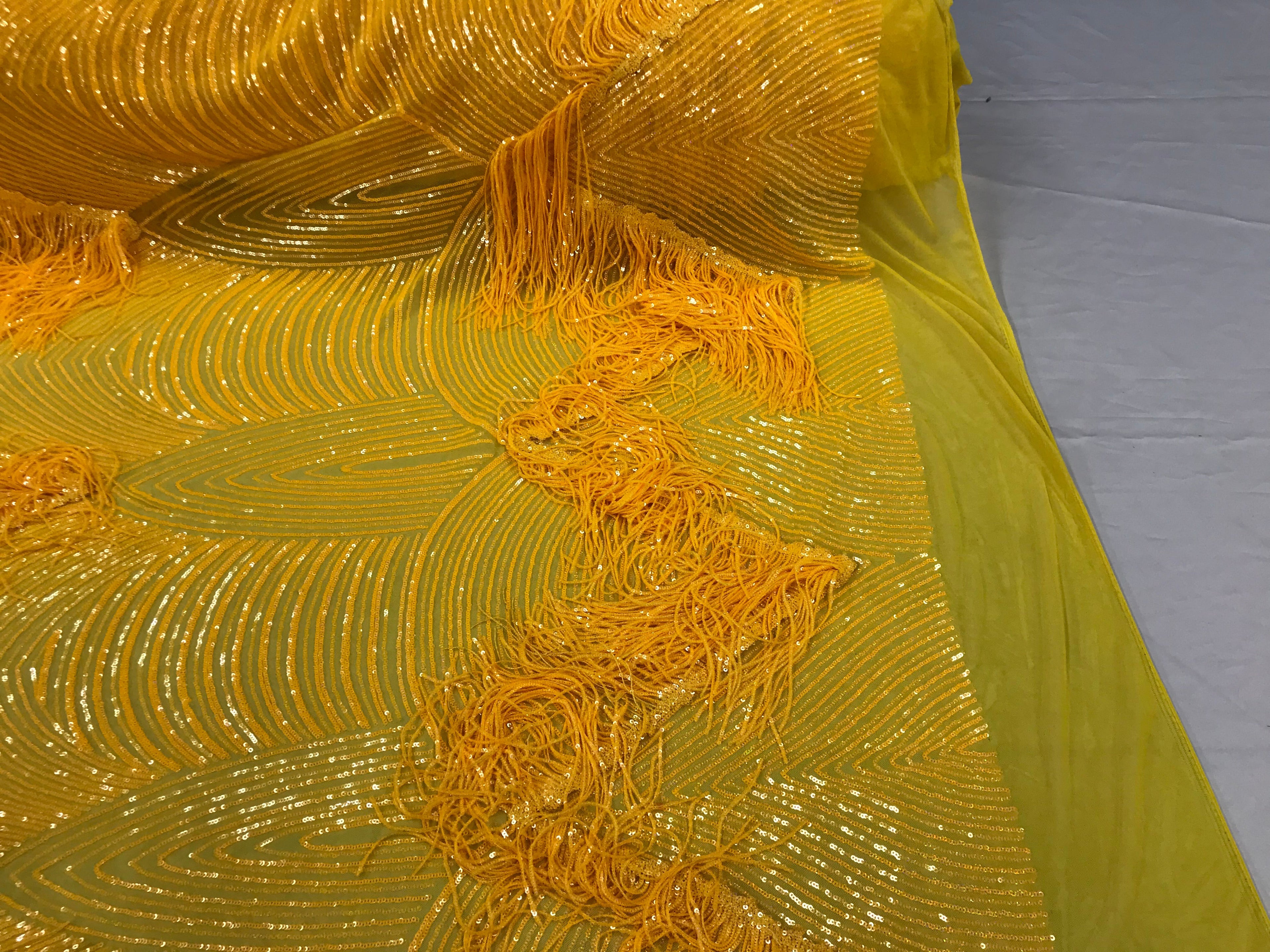 Fringe Sequins - Canary Yellow - Dangle 4 Way Stretch Fancy Sequins Fabric Sold By The Yard