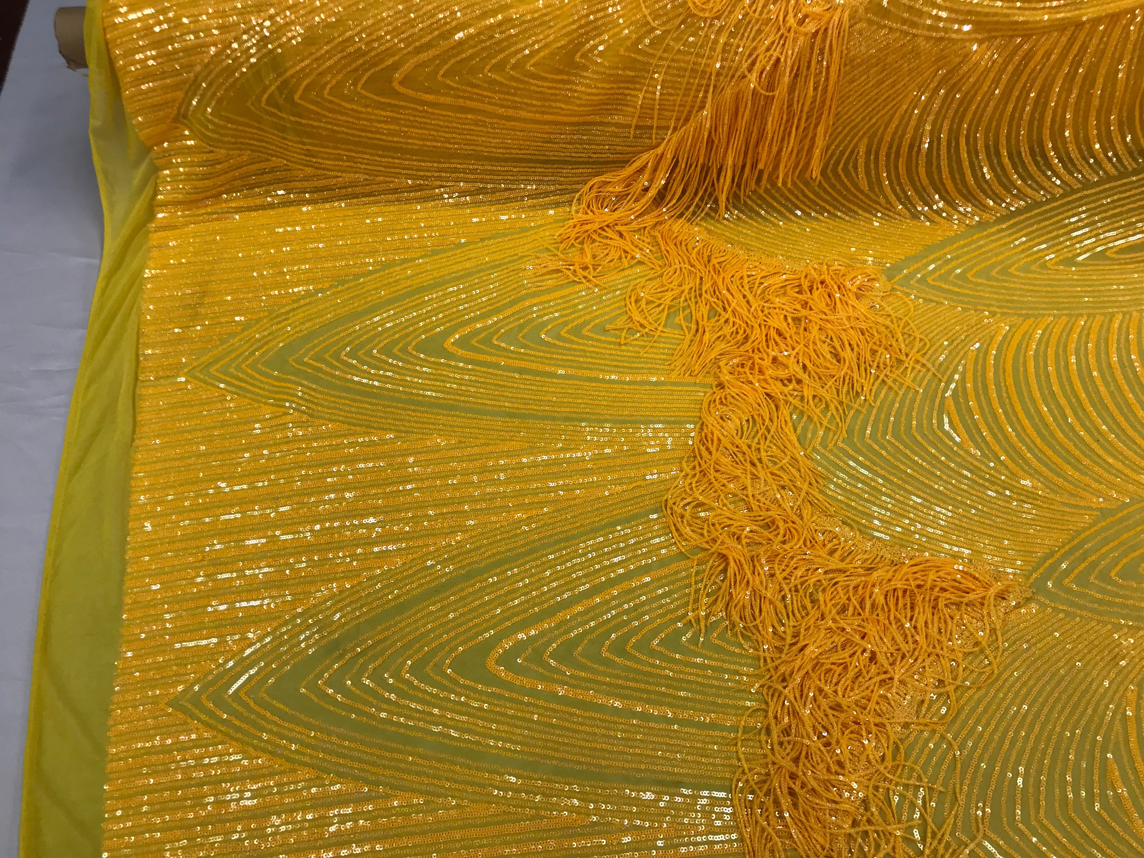 Fringe Sequins - Canary Yellow - Dangle 4 Way Stretch Fancy Sequins Fabric Sold By The Yard