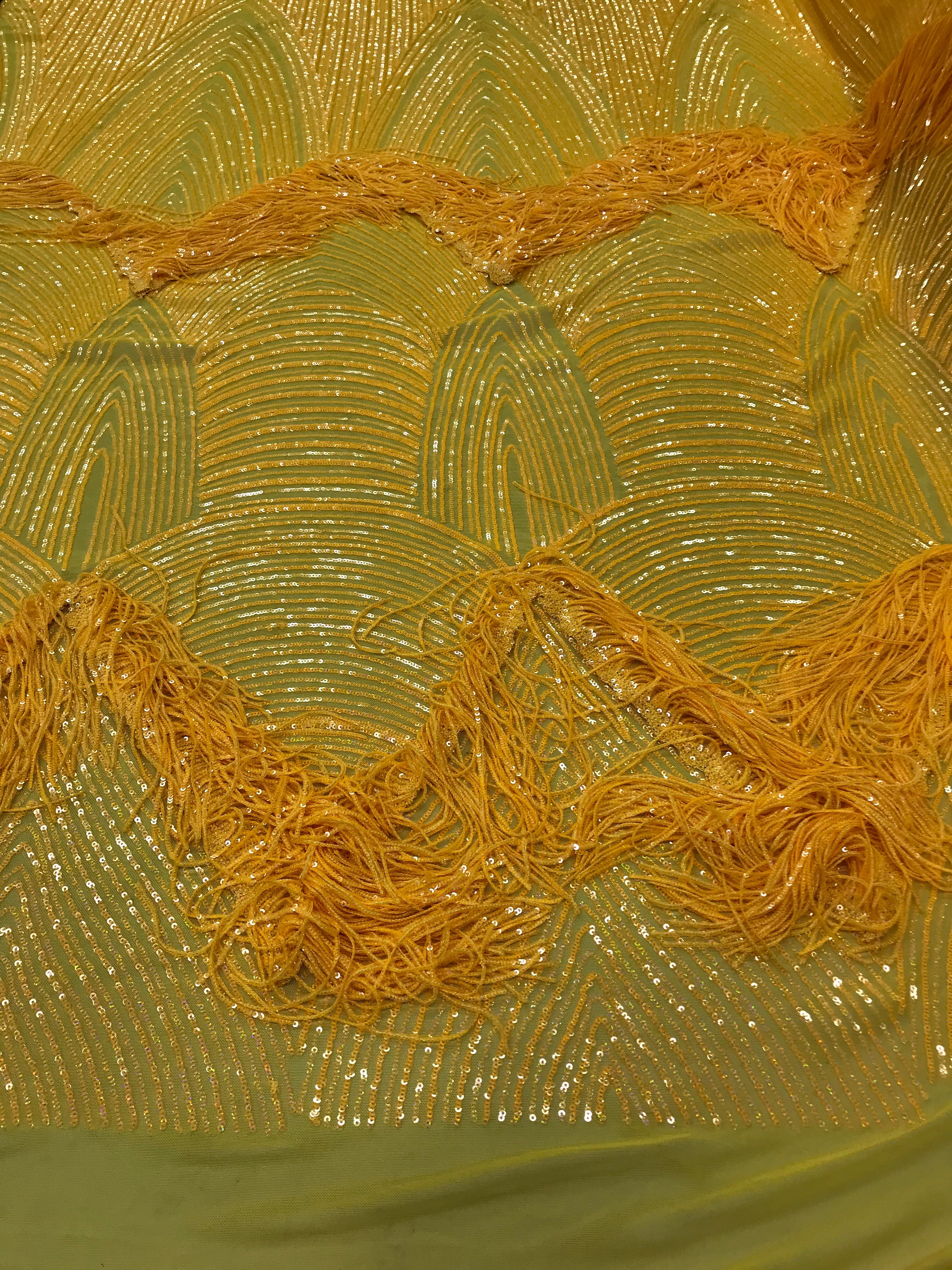 Fringe Sequins - Canary Yellow - Dangle 4 Way Stretch Fancy Sequins Fabric Sold By The Yard