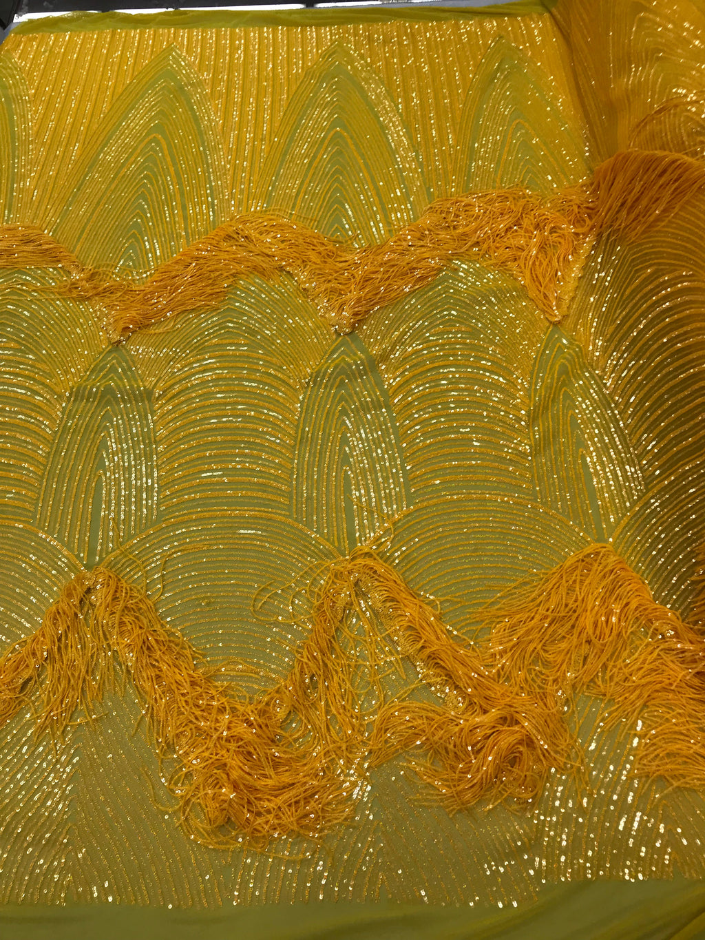 Fringe Sequins - Canary Yellow - Dangle 4 Way Stretch Fancy Sequins Fabric Sold By The Yard