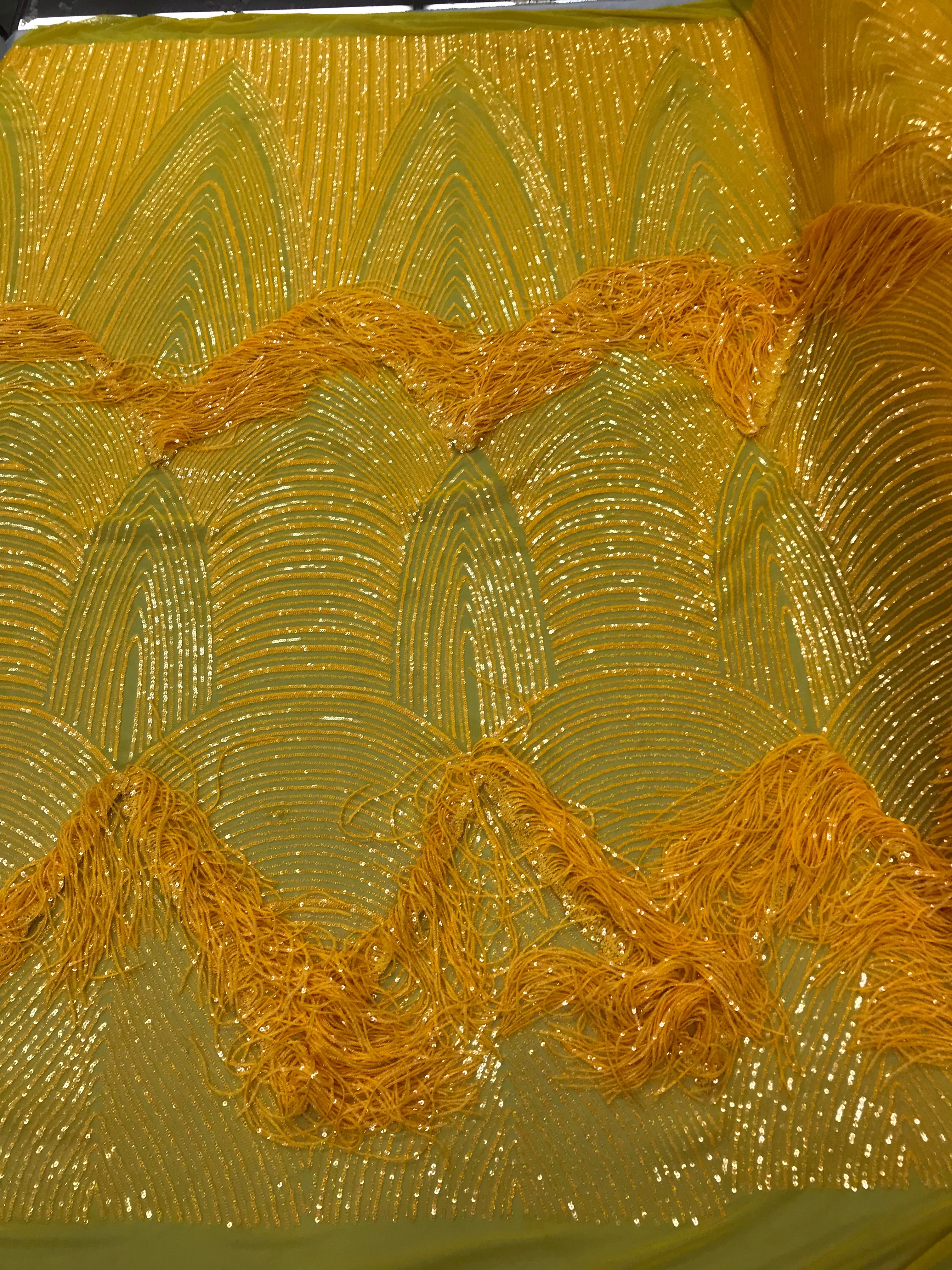 Fringe Sequins - Canary Yellow - Dangle 4 Way Stretch Fancy Sequins Fabric Sold By The Yard