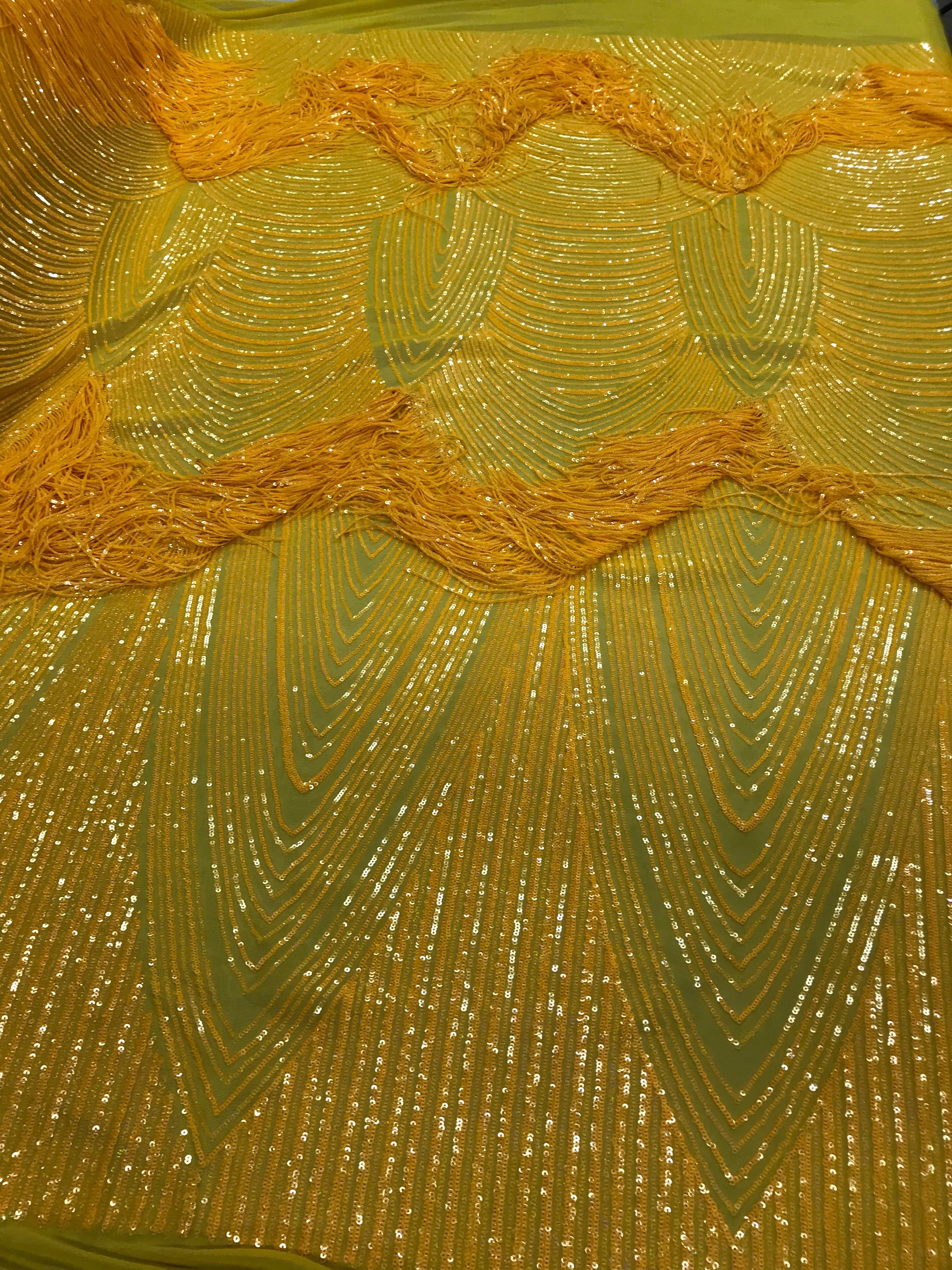 Fringe Sequins - Canary Yellow - Dangle 4 Way Stretch Fancy Sequins Fabric Sold By The Yard