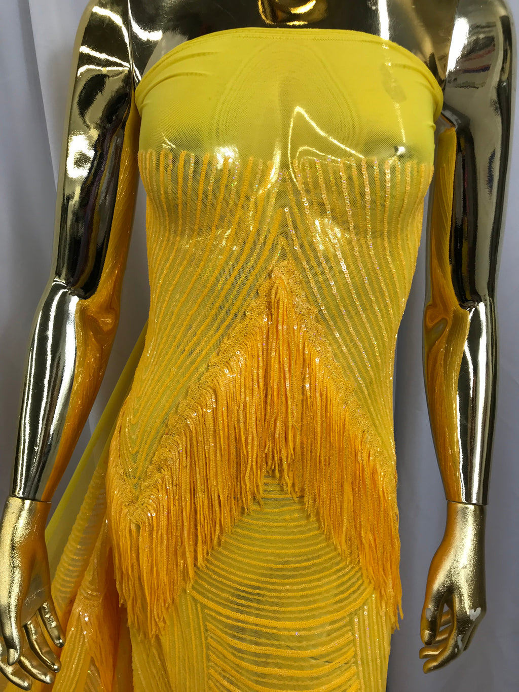 Fringe Sequins - Canary Yellow - Dangle 4 Way Stretch Fancy Sequins Fabric Sold By The Yard