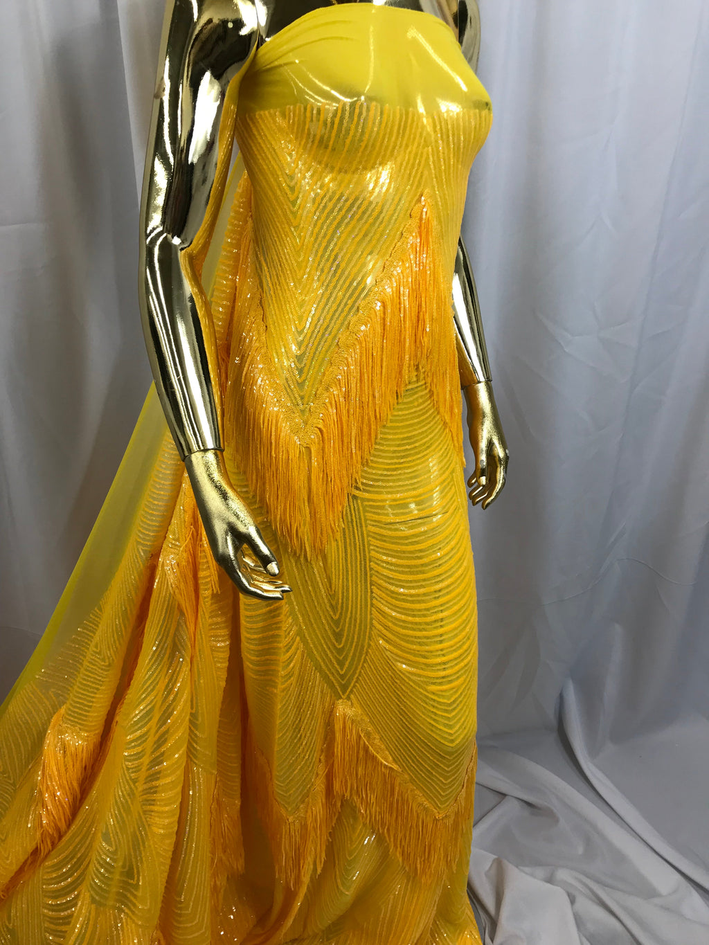 Fringe Sequins - Canary Yellow - Dangle 4 Way Stretch Fancy Sequins Fabric Sold By The Yard