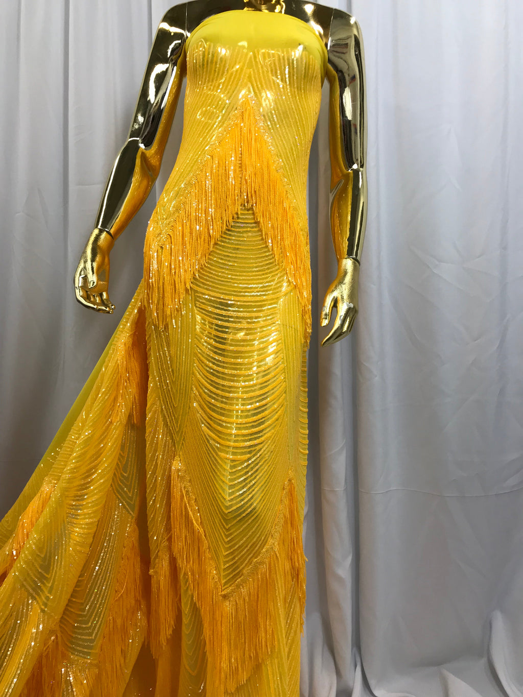 Fringe Sequins - Canary Yellow - Dangle 4 Way Stretch Fancy Sequins Fabric Sold By The Yard