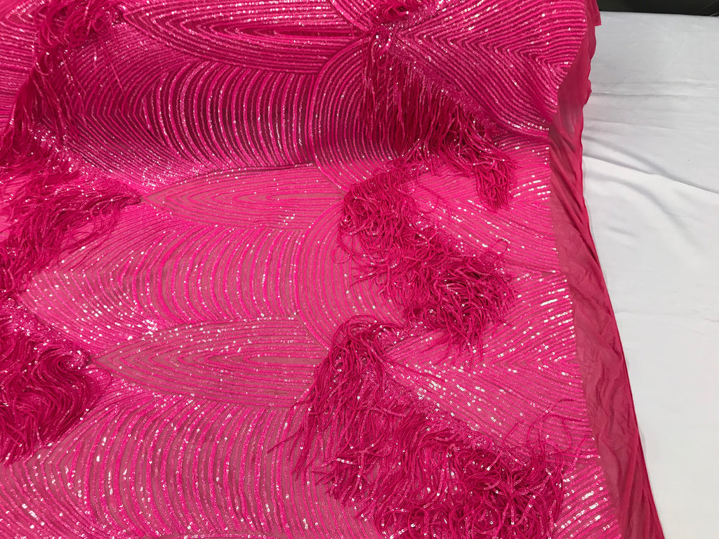 Fringe Sequins - Hot Pink - Dangle 4 Way Stretch Fancy Sequins Fabric Sold By The Yard