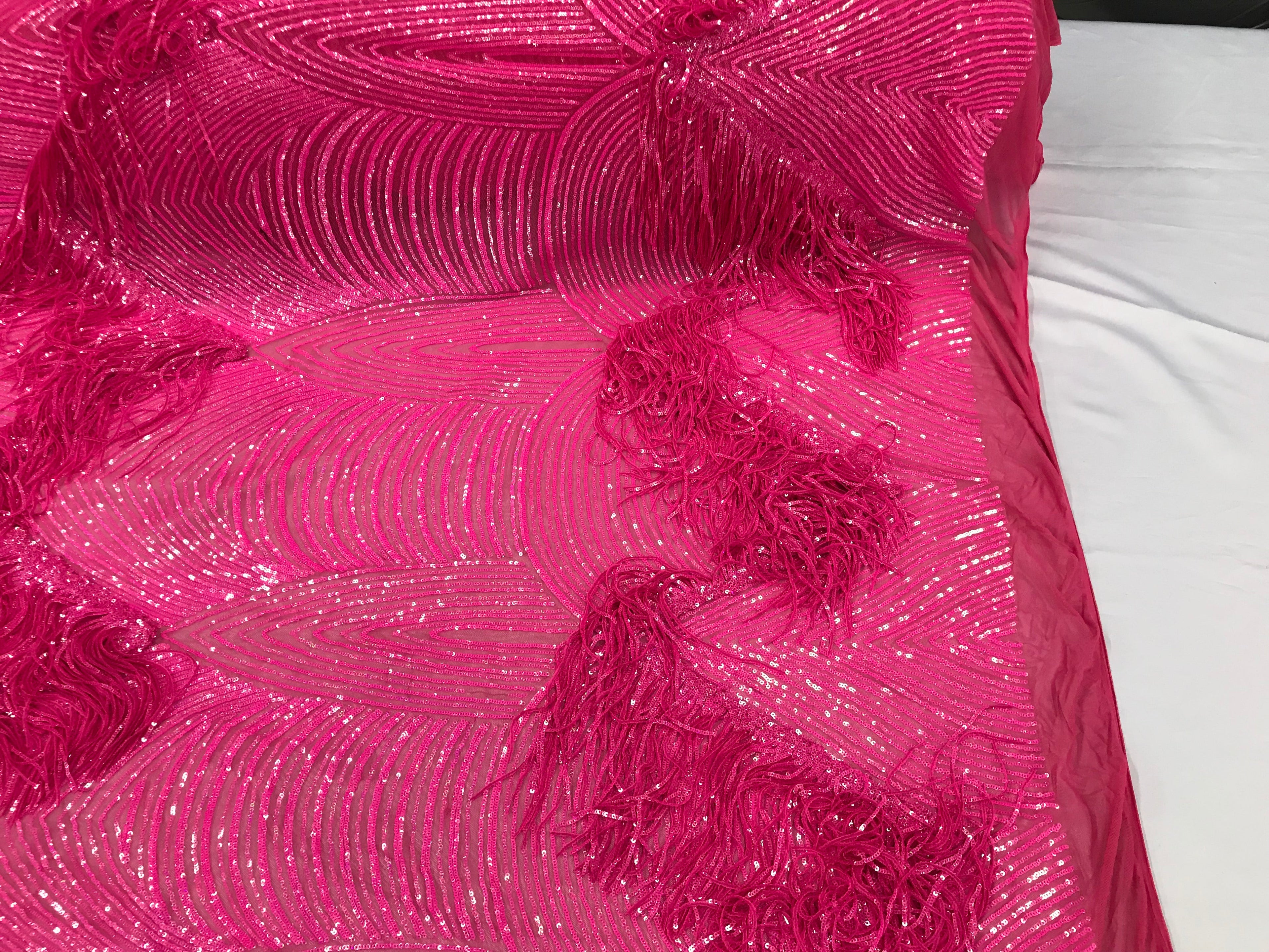 Fringe Sequins - Hot Pink - Dangle 4 Way Stretch Fancy Sequins Fabric Sold By The Yard