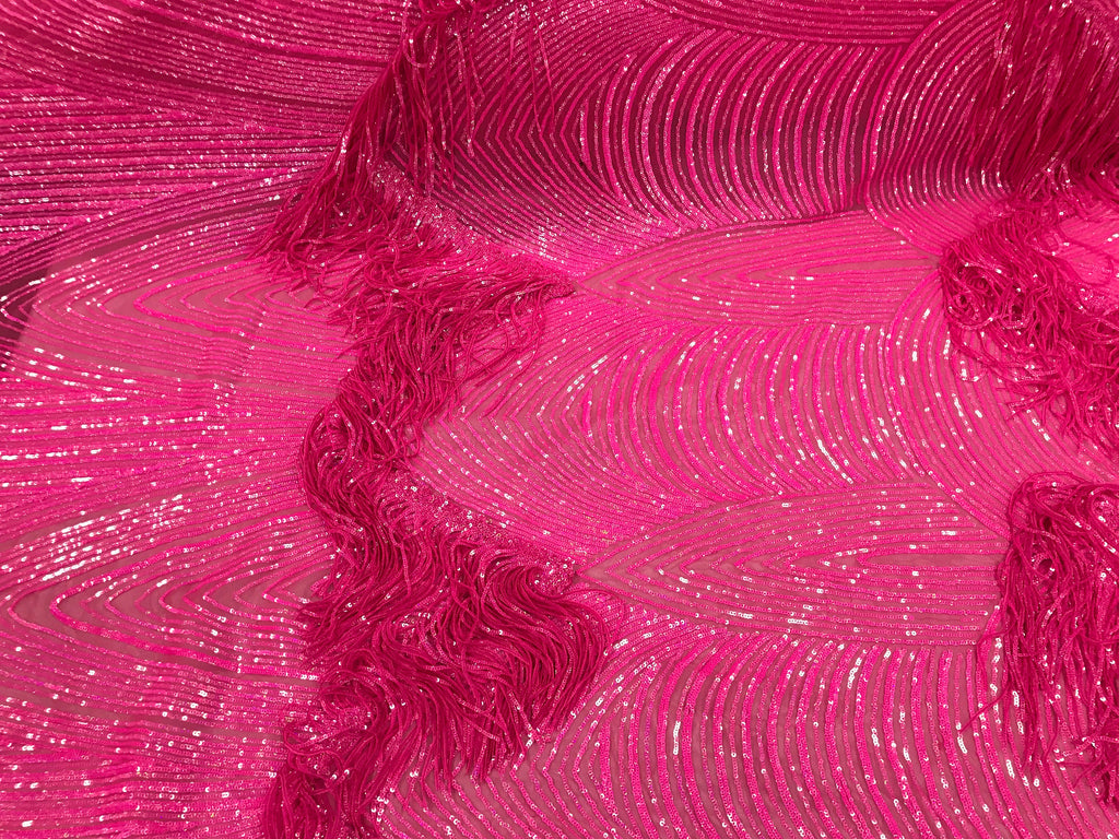 Fringe Sequins - Hot Pink - Dangle 4 Way Stretch Fancy Sequins Fabric Sold By The Yard