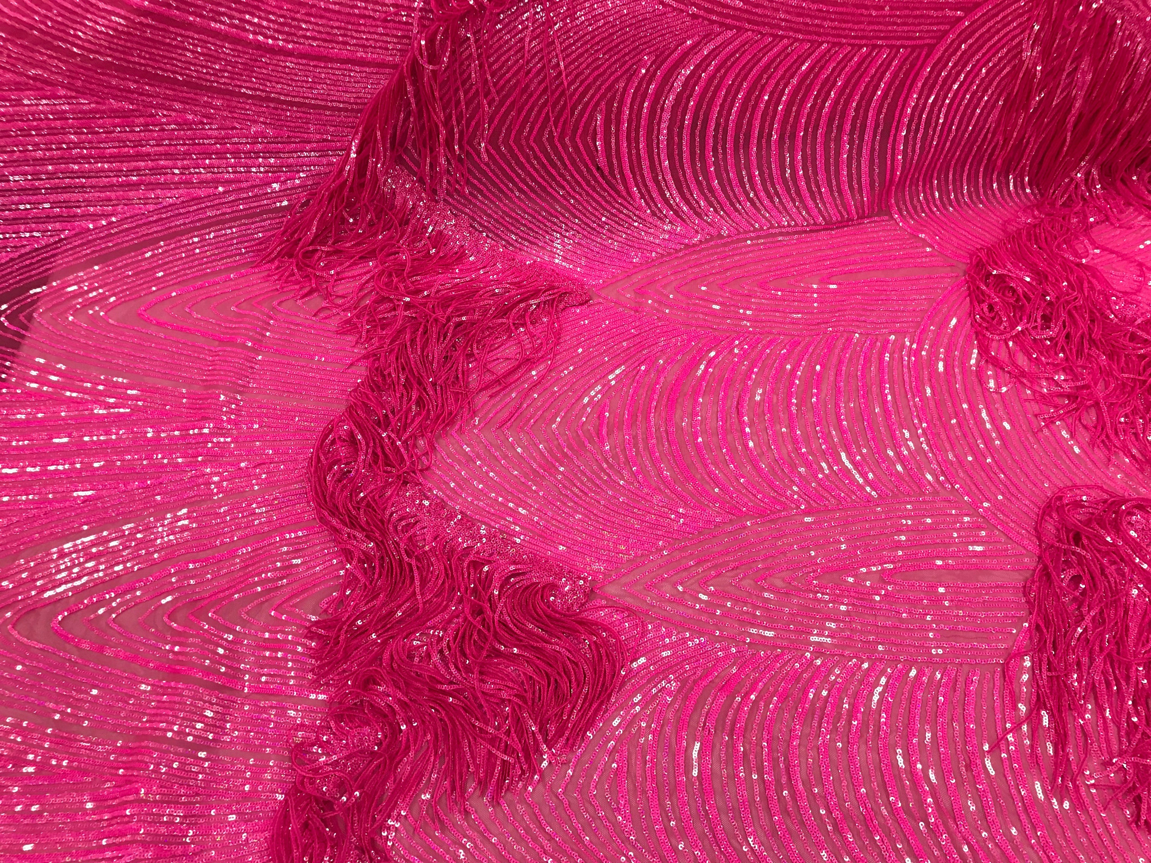 Fringe Sequins - Hot Pink - Dangle 4 Way Stretch Fancy Sequins Fabric Sold By The Yard