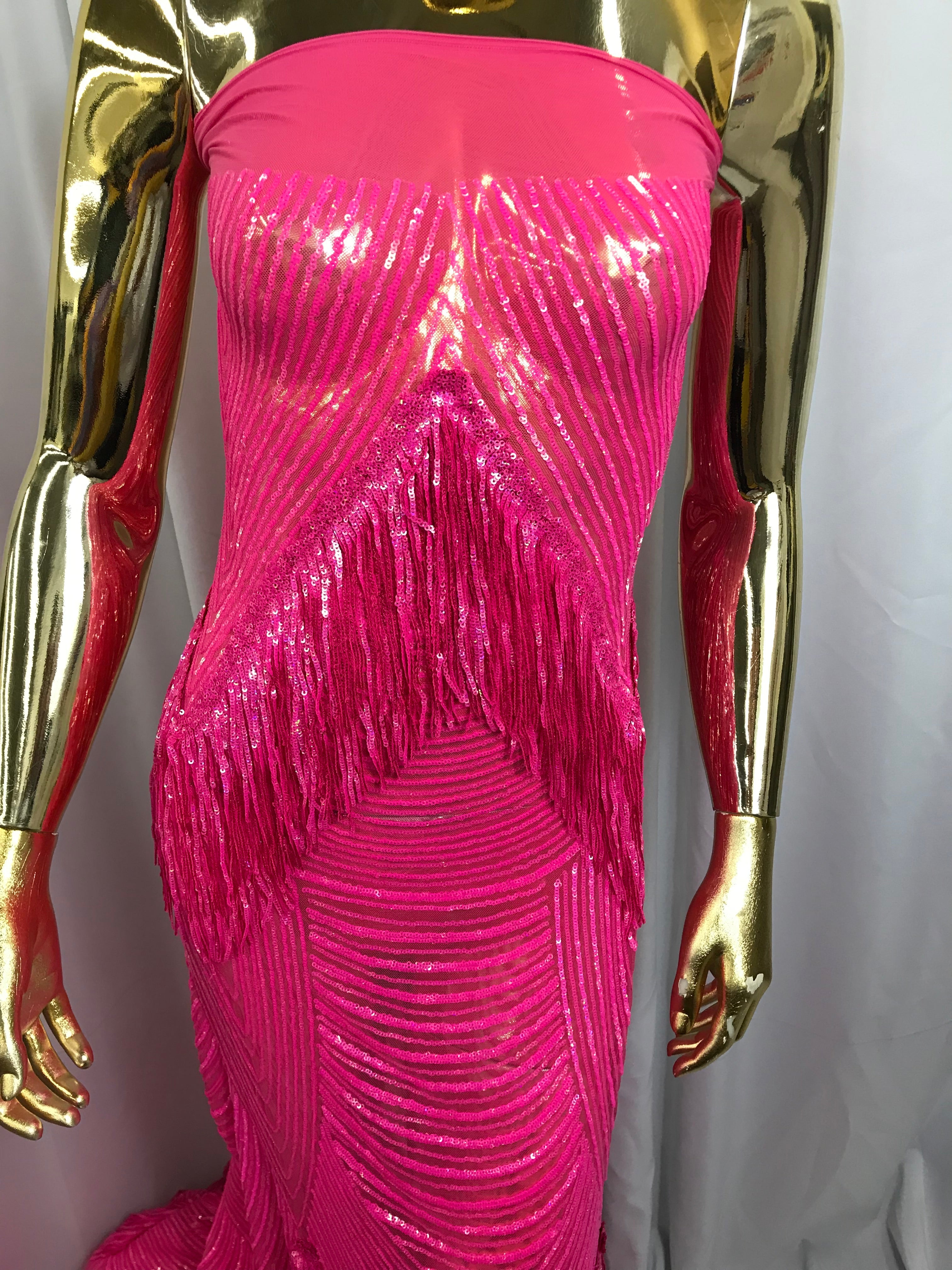 Fringe Sequins - Hot Pink - Dangle 4 Way Stretch Fancy Sequins Fabric Sold By The Yard