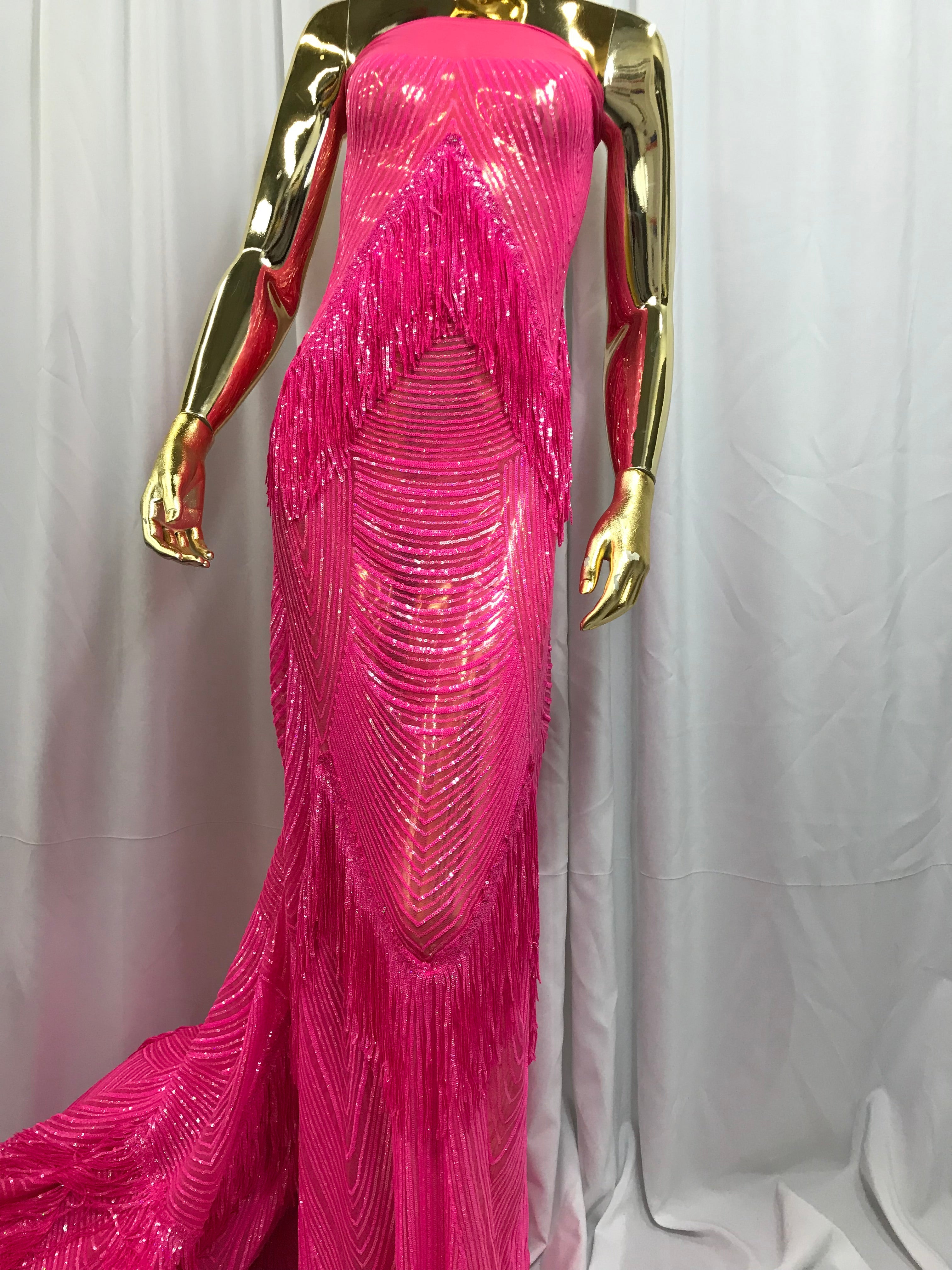 Fringe Sequins - Hot Pink - Dangle 4 Way Stretch Fancy Sequins Fabric Sold By The Yard