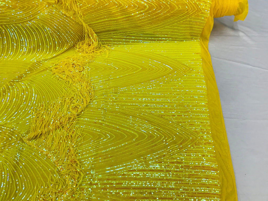 Fringe Sequins - Iridescent Yellow - Dangle 4 Way Stretch Fancy Sequins Fabric Sold By The Yard