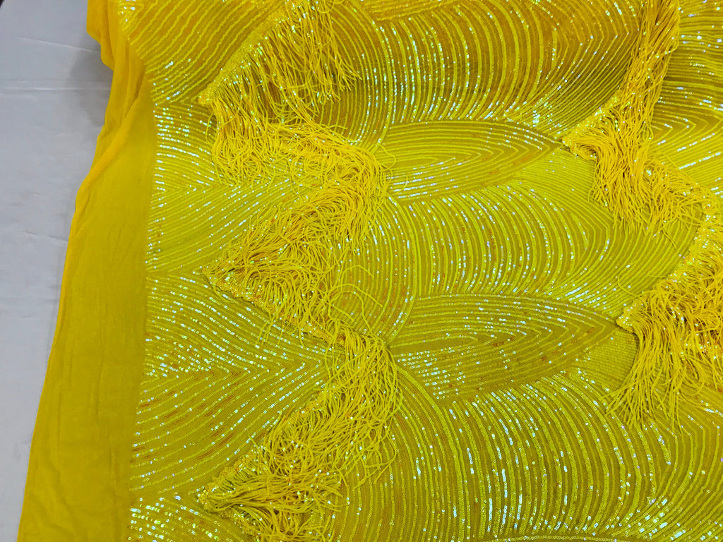 Fringe Sequins - Iridescent Yellow - Dangle 4 Way Stretch Fancy Sequins Fabric Sold By The Yard