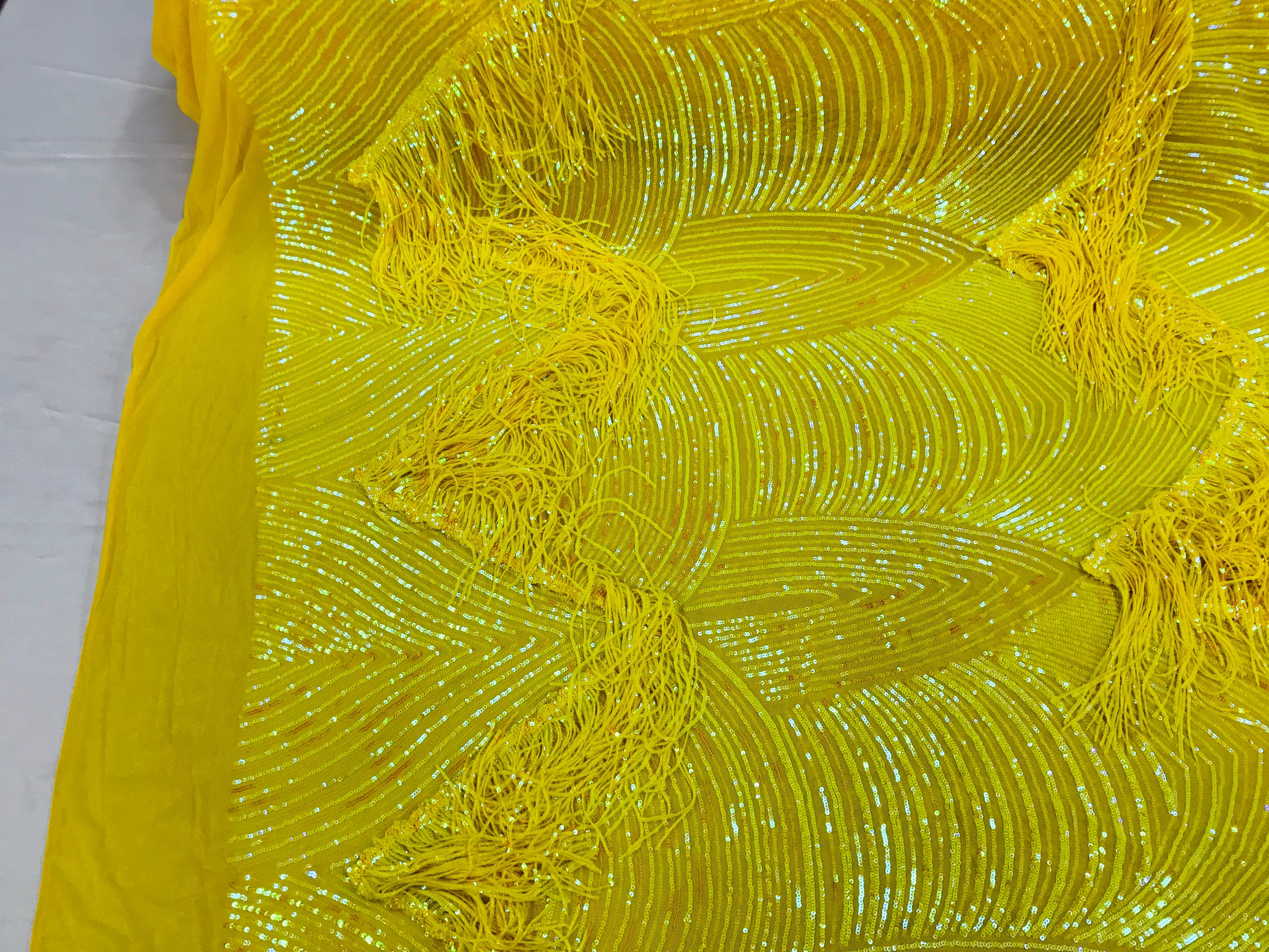 Fringe Sequins - Iridescent Yellow - Dangle 4 Way Stretch Fancy Sequins Fabric Sold By The Yard