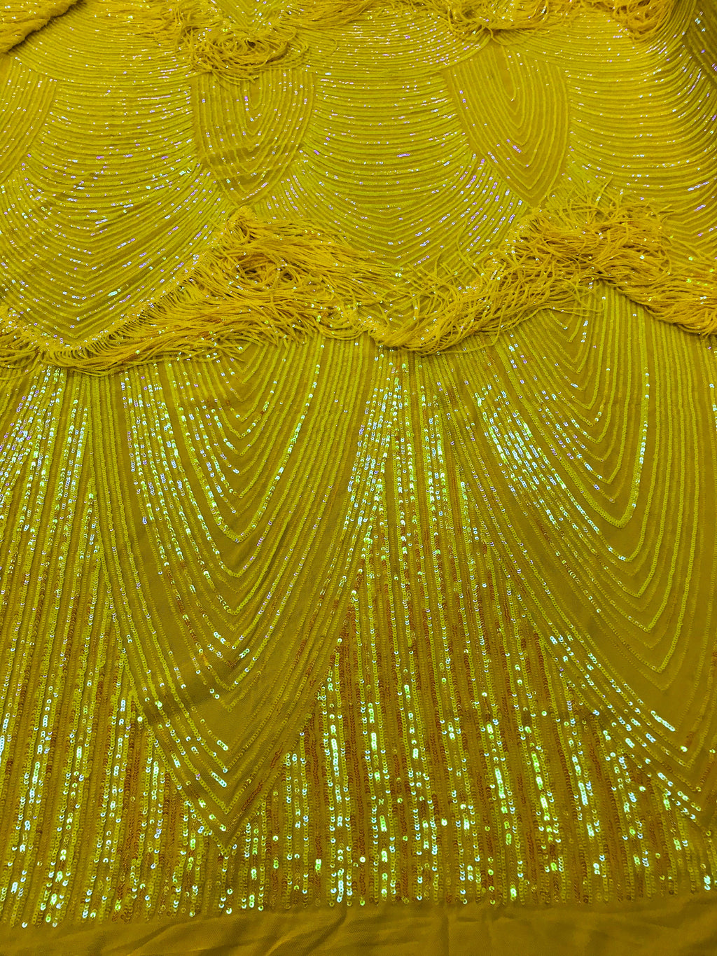 Fringe Sequins - Iridescent Yellow - Dangle 4 Way Stretch Fancy Sequins Fabric Sold By The Yard