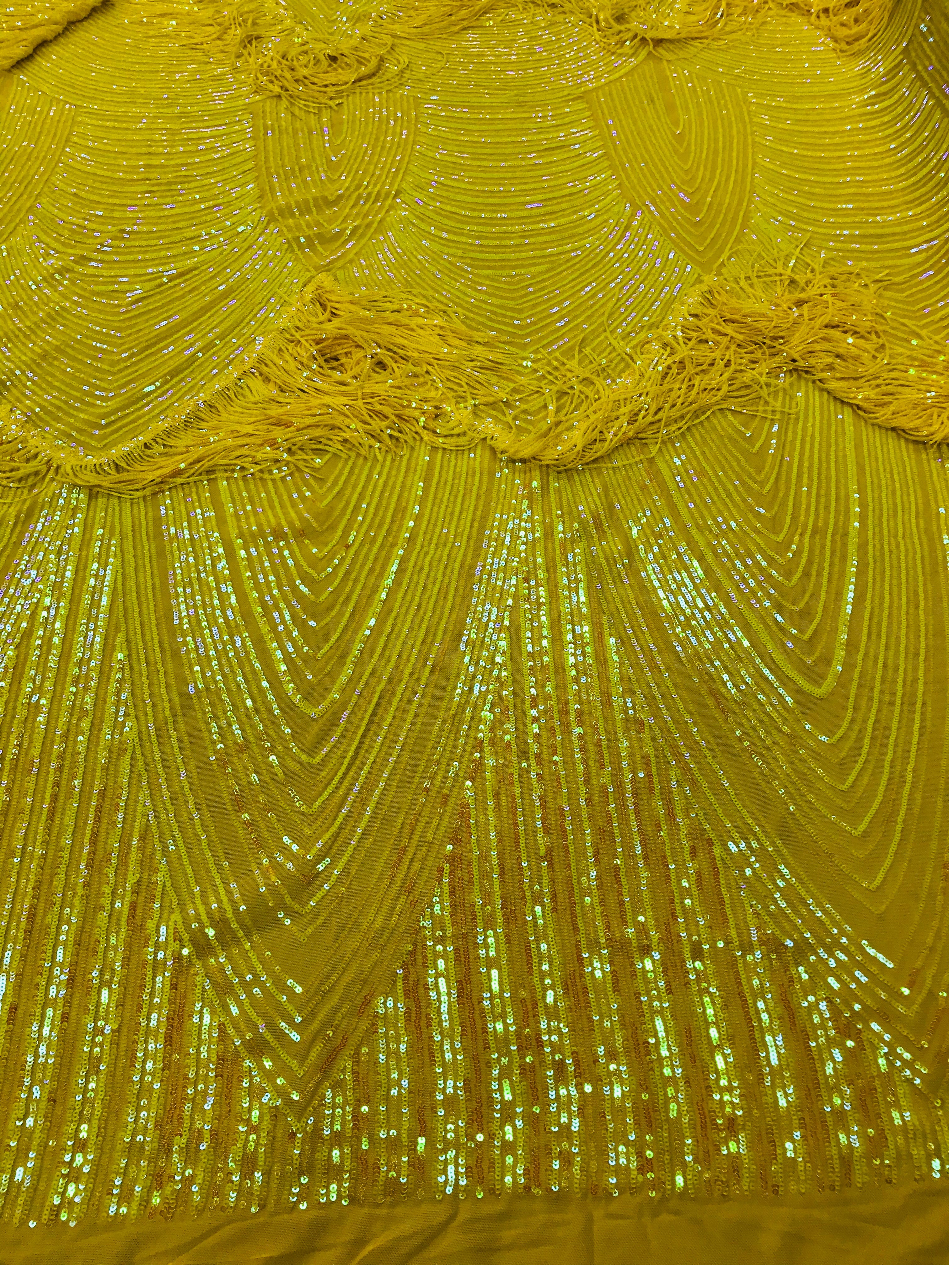 Fringe Sequins - Iridescent Yellow - Dangle 4 Way Stretch Fancy Sequins Fabric Sold By The Yard