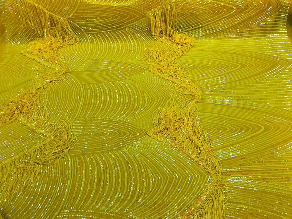 Fringe Sequins - Iridescent Yellow - Dangle 4 Way Stretch Fancy Sequins Fabric Sold By The Yard