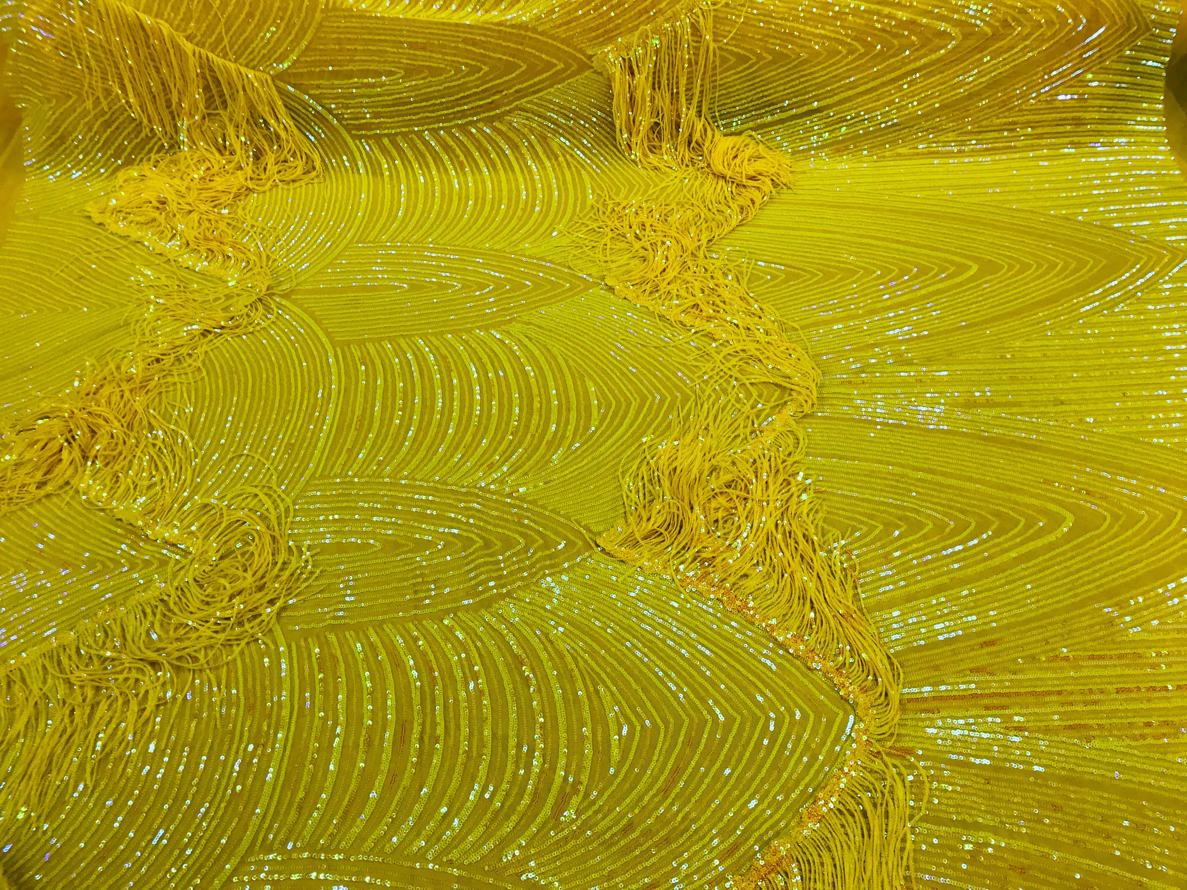 Fringe Sequins - Iridescent Yellow - Dangle 4 Way Stretch Fancy Sequins Fabric Sold By The Yard