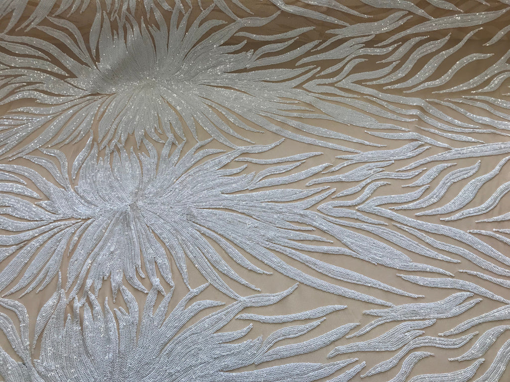 Phoenix Feather Sequins - White -  4 Way Stretch Phoenix Pattern Top Fashion Design Fabric