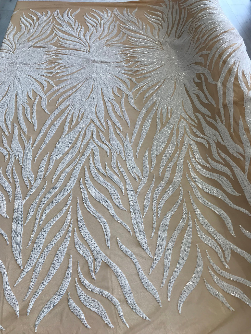 Phoenix Feather Sequins - White -  4 Way Stretch Phoenix Pattern Top Fashion Design Fabric