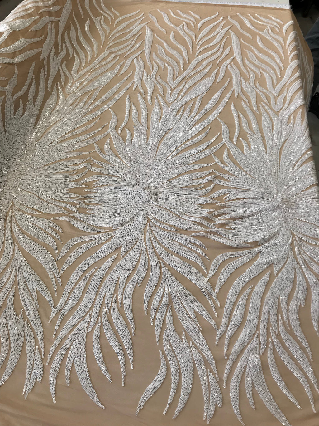 Phoenix Feather Sequins - White -  4 Way Stretch Phoenix Pattern Top Fashion Design Fabric