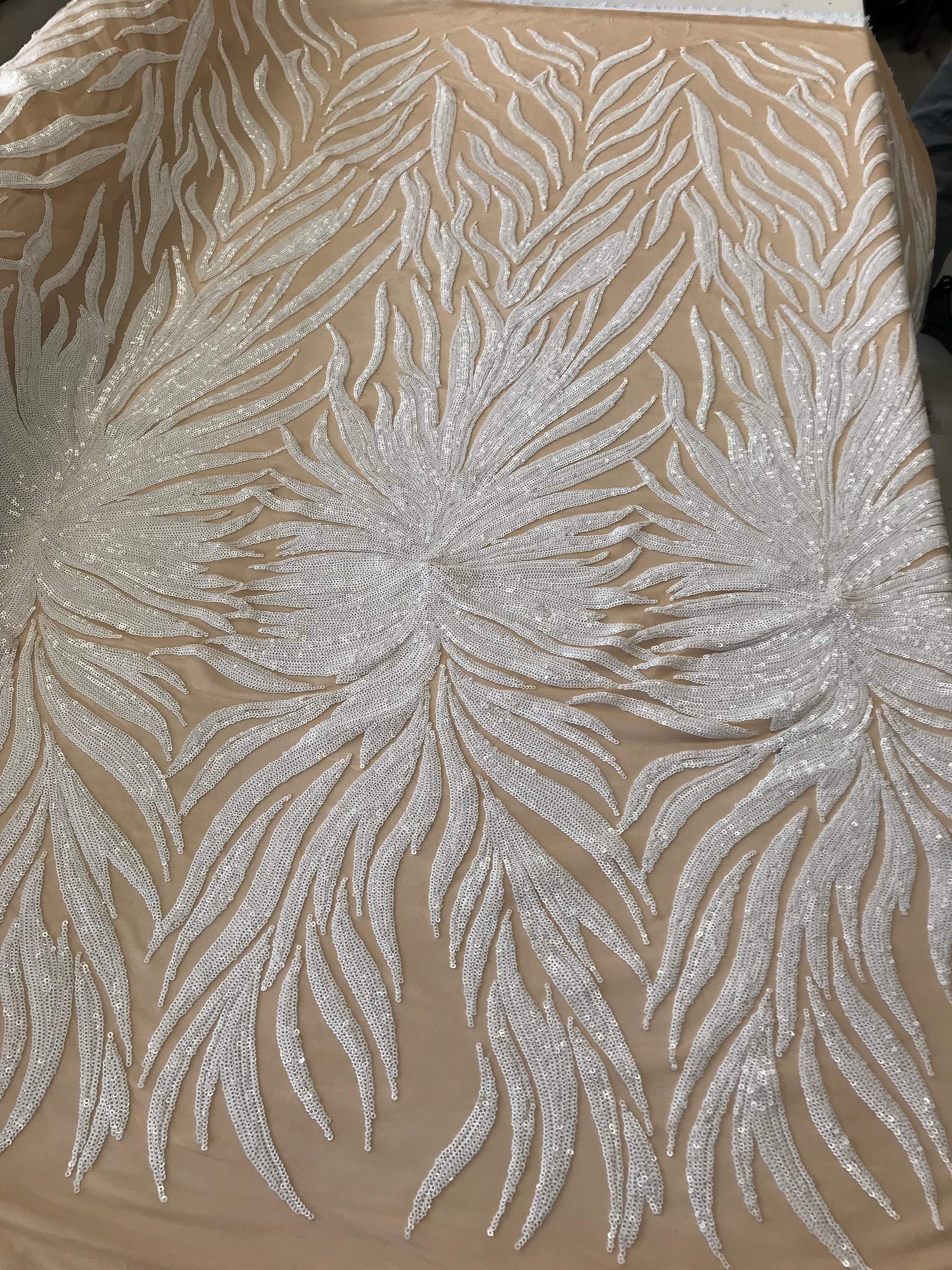 Phoenix Feather Sequins - White -  4 Way Stretch Phoenix Pattern Top Fashion Design Fabric